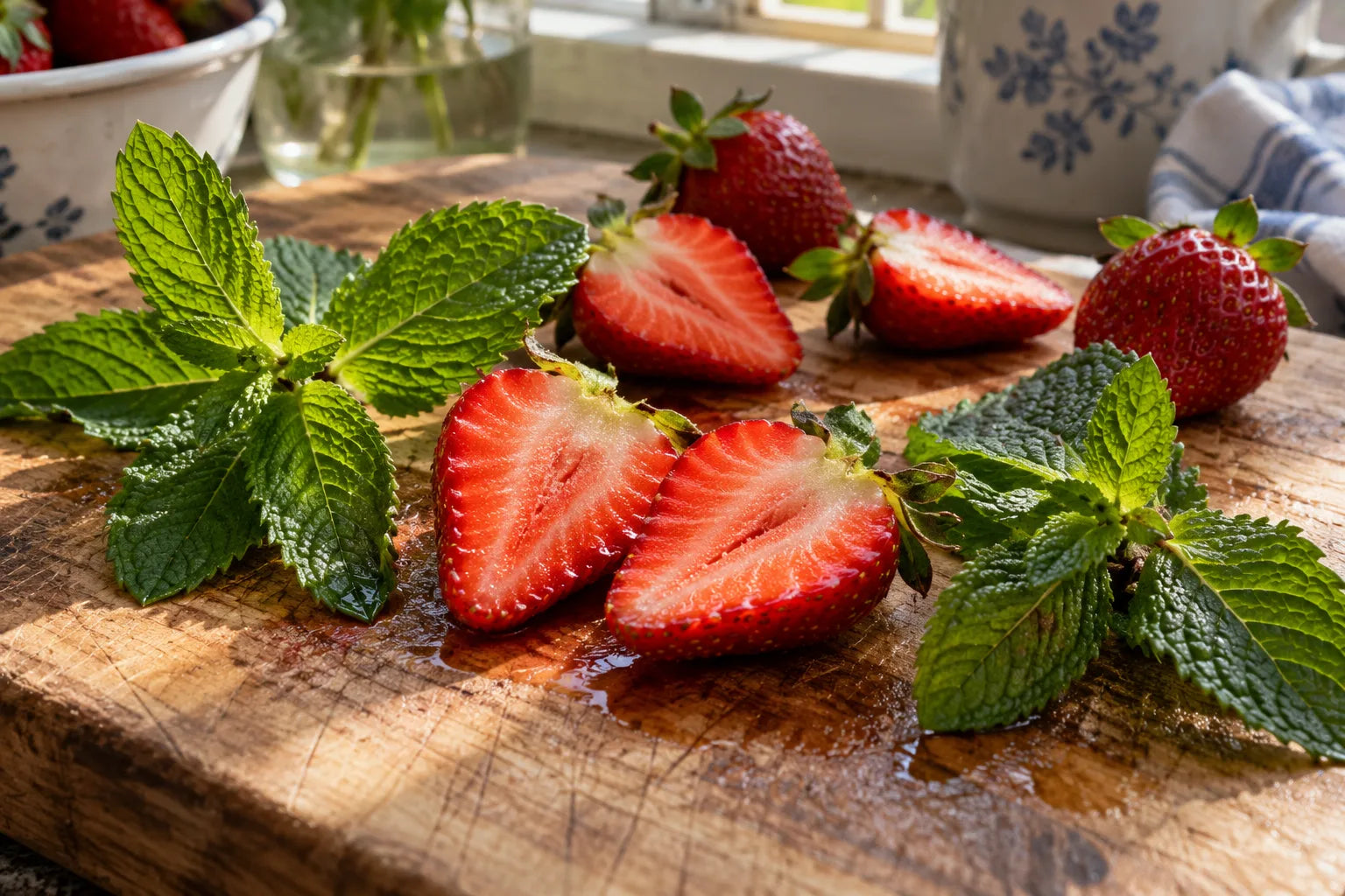 Halved strawberries beside fresh spearmint and peppermint