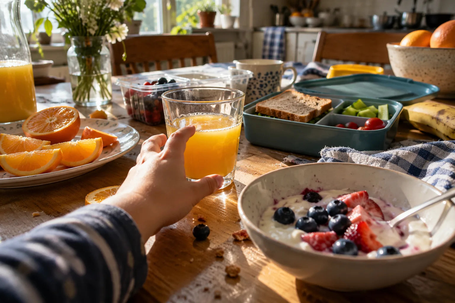 A family breakfast table with orange juice and fruit