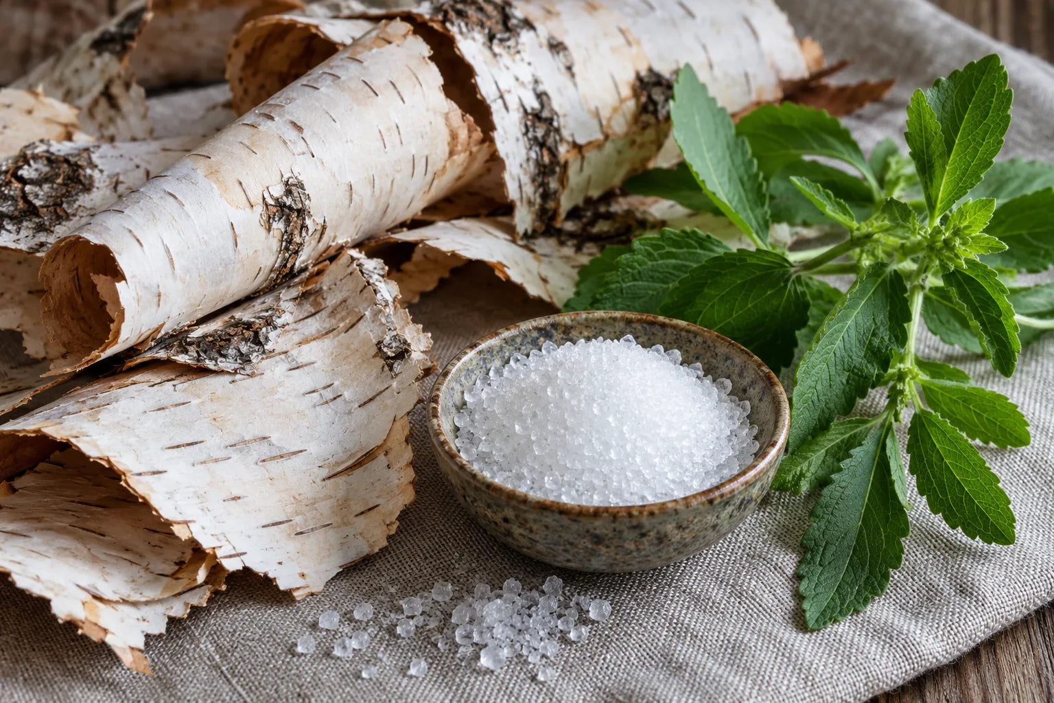 Birch bark, xylitol crystals and a stevia sprig