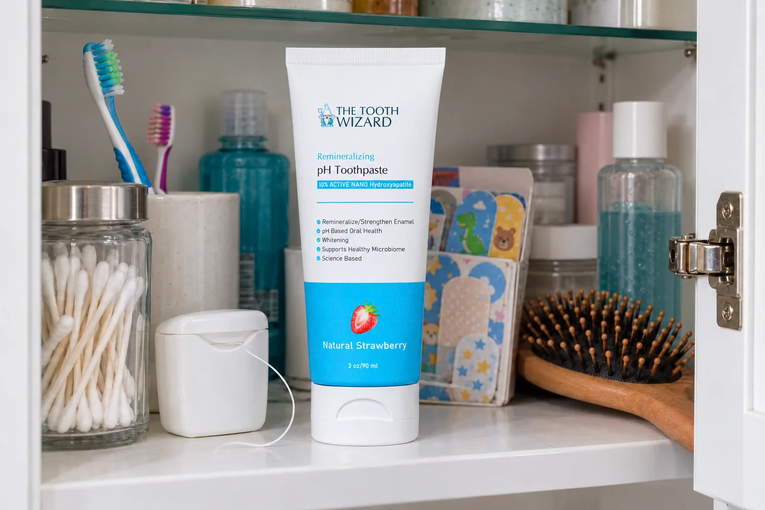 A capped Tooth Wizard tube in a bathroom cabinet