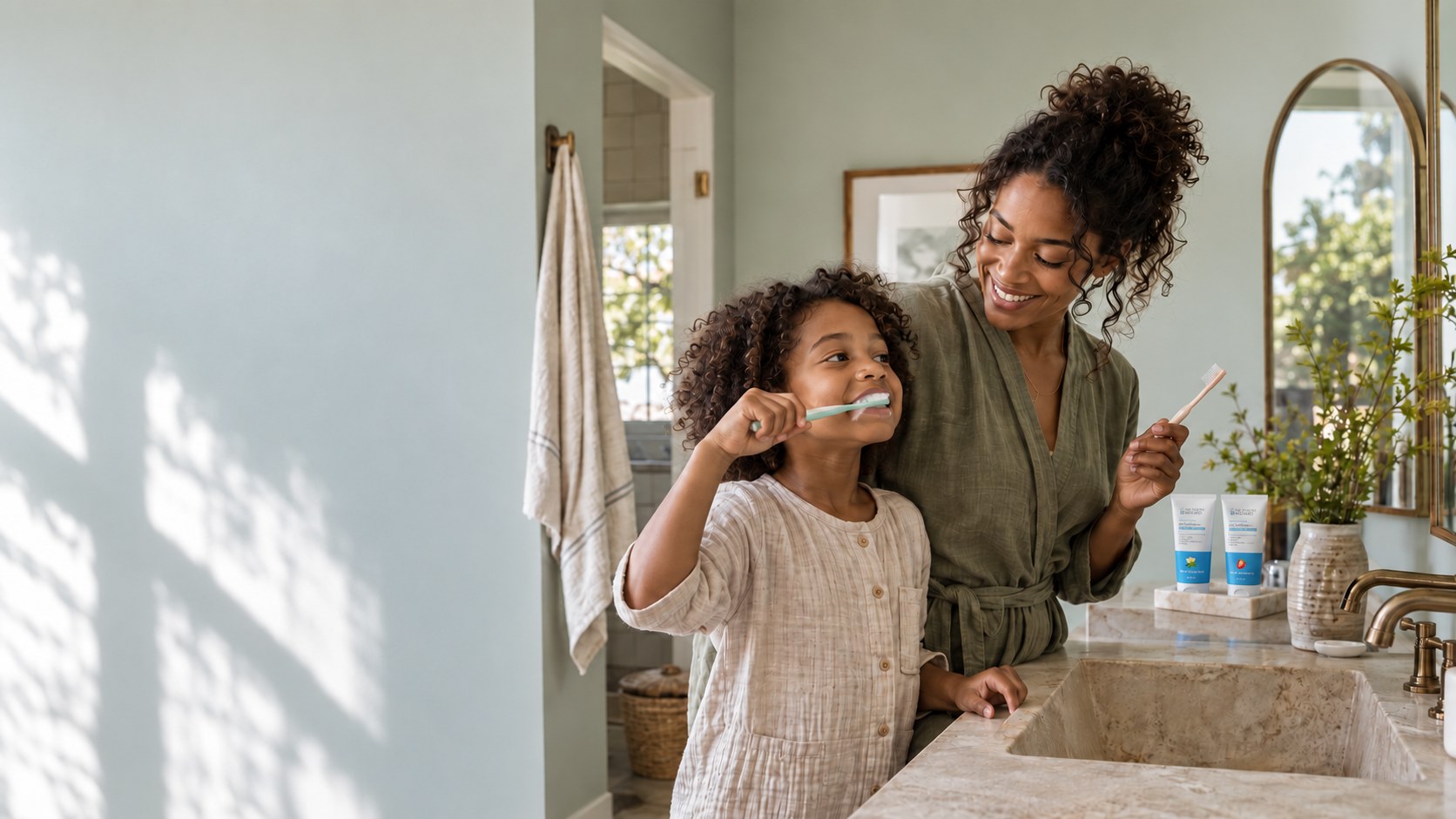 A mother and daughter brushing their teeth together at the bathroom sink, with a tube of Vanilla Mint and a tube of Strawberry on the counter