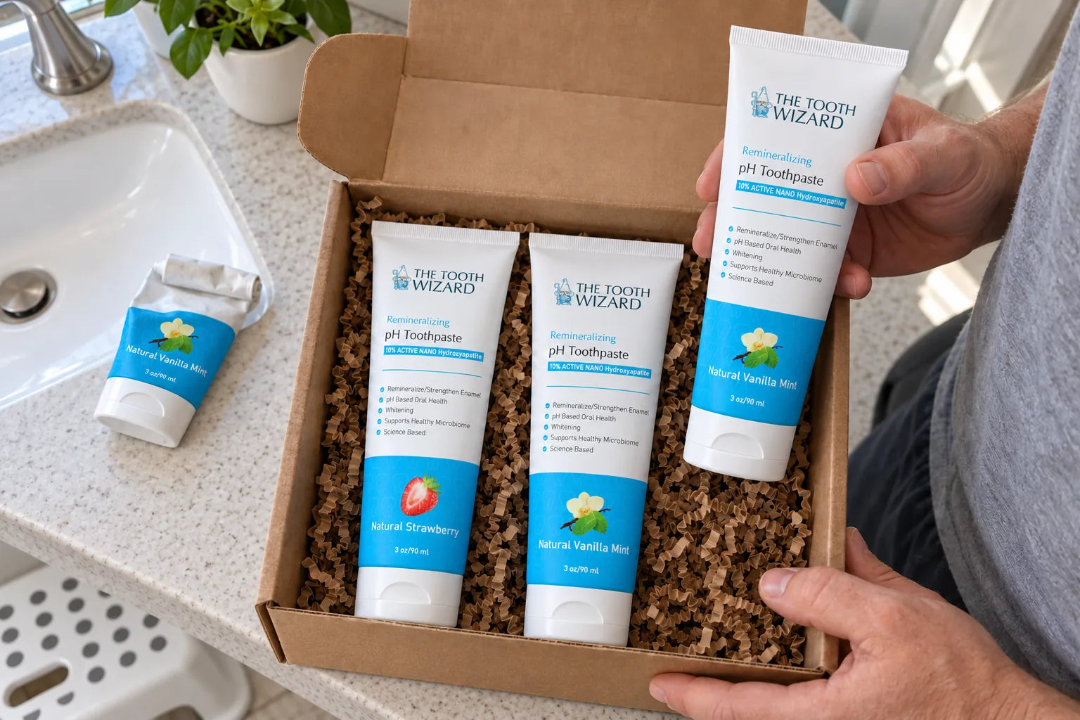 A parent unpacking a box of Strawberry and Vanilla Mint tubes beside the bathroom sink