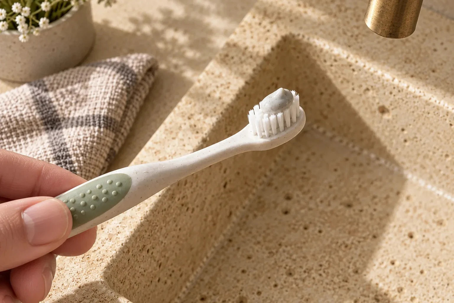 A small dab of gray toothpaste on a toothbrush above a stone sink