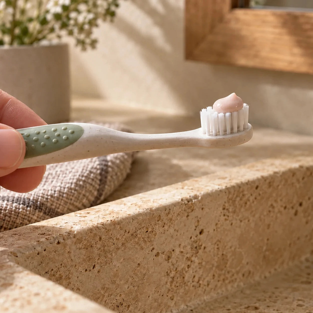 A small dab of pink toothpaste on a child's toothbrush above a stone sink
