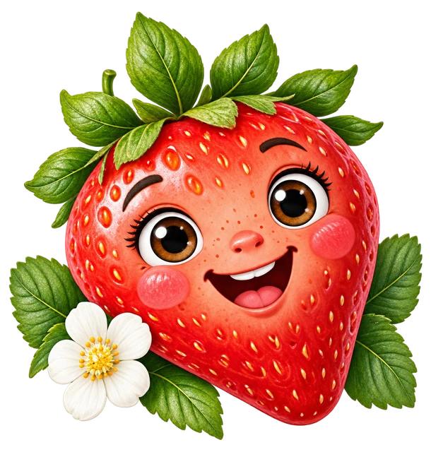 The Tooth Wizard strawberry character, smiling