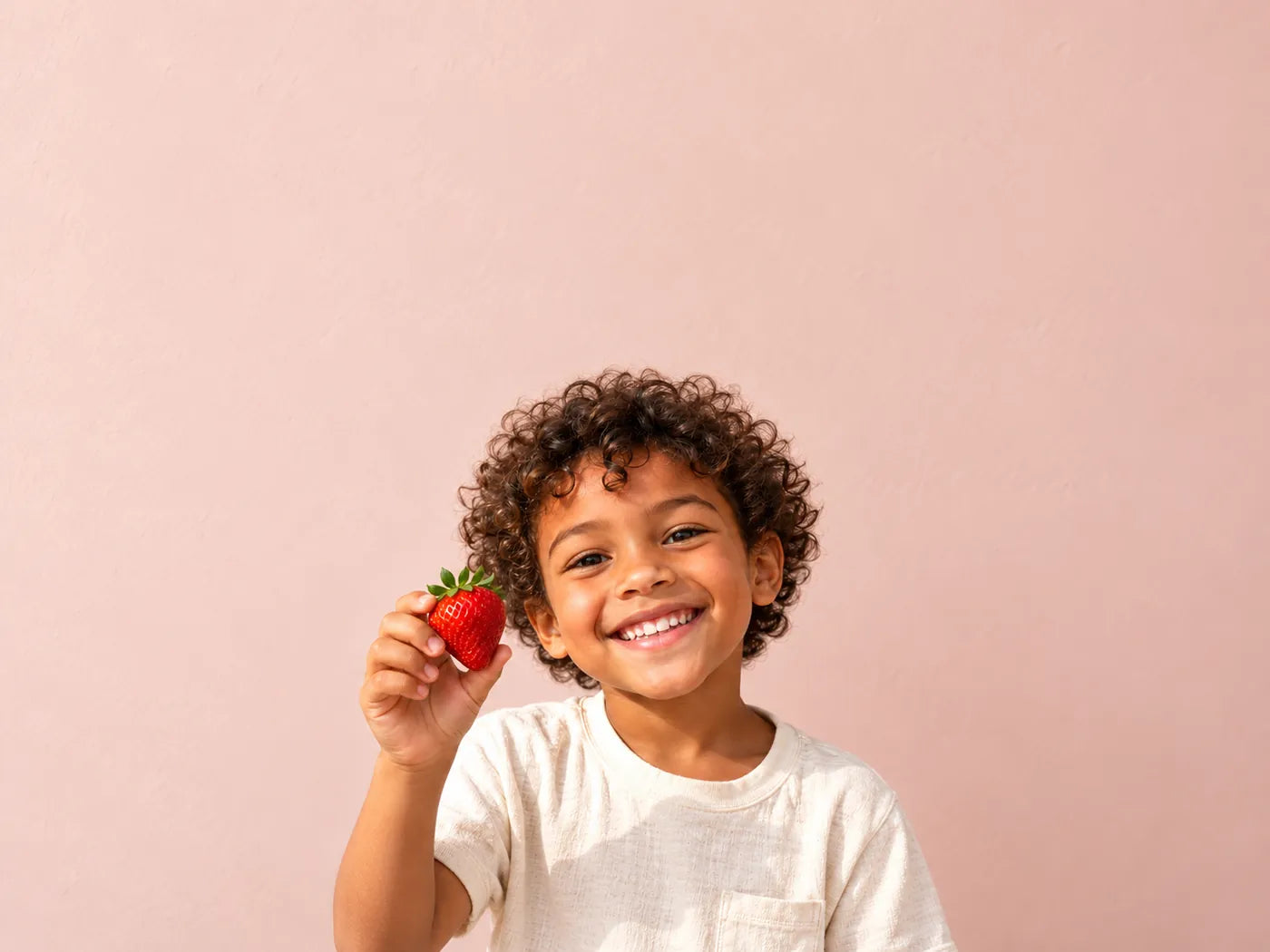 A grinning boy holding up a fresh strawberry