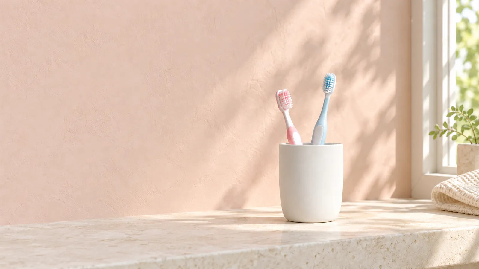 Two kids' toothbrushes in a cup on a sunny bathroom windowsill