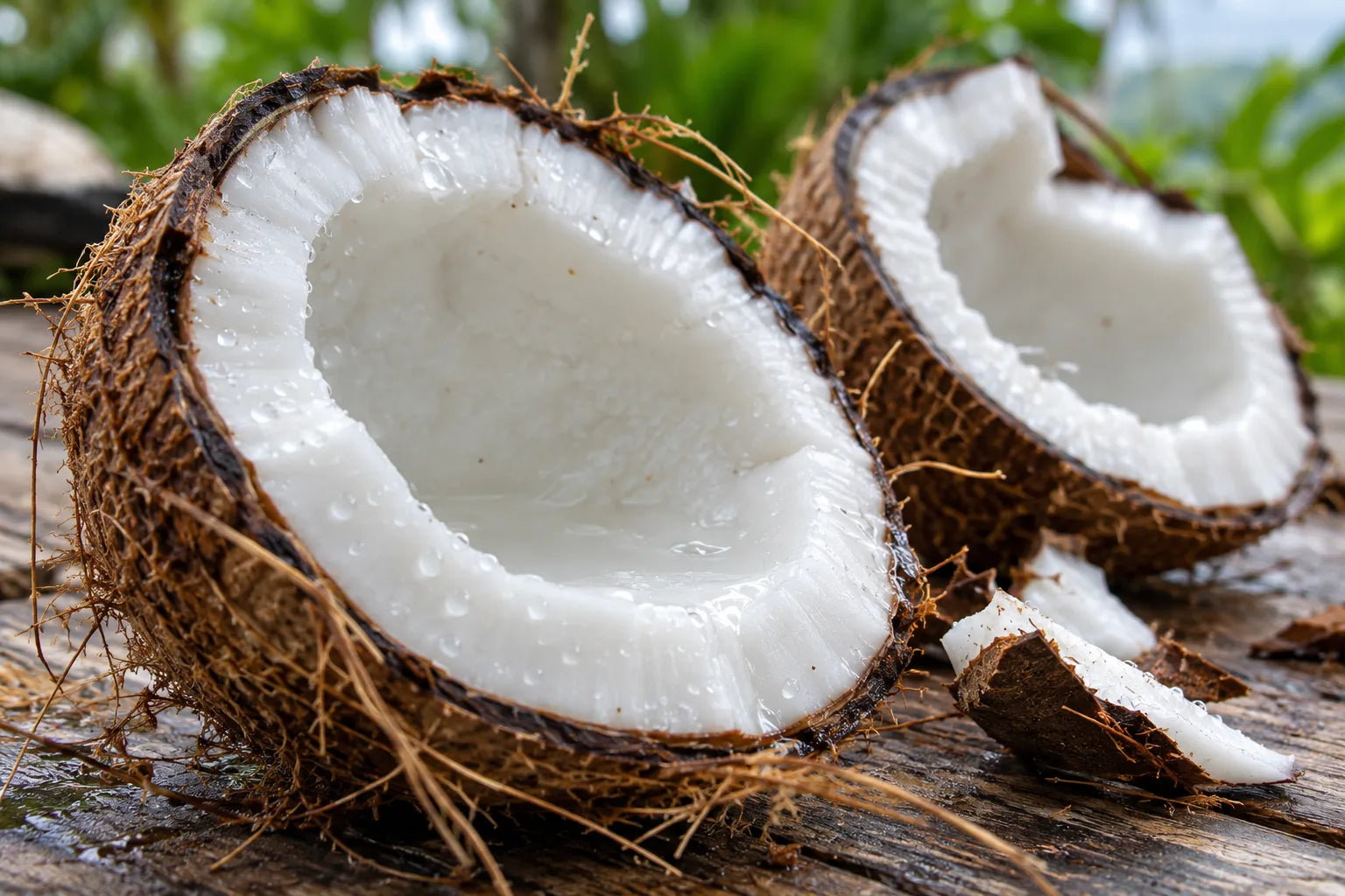 A split coconut on a wooden table