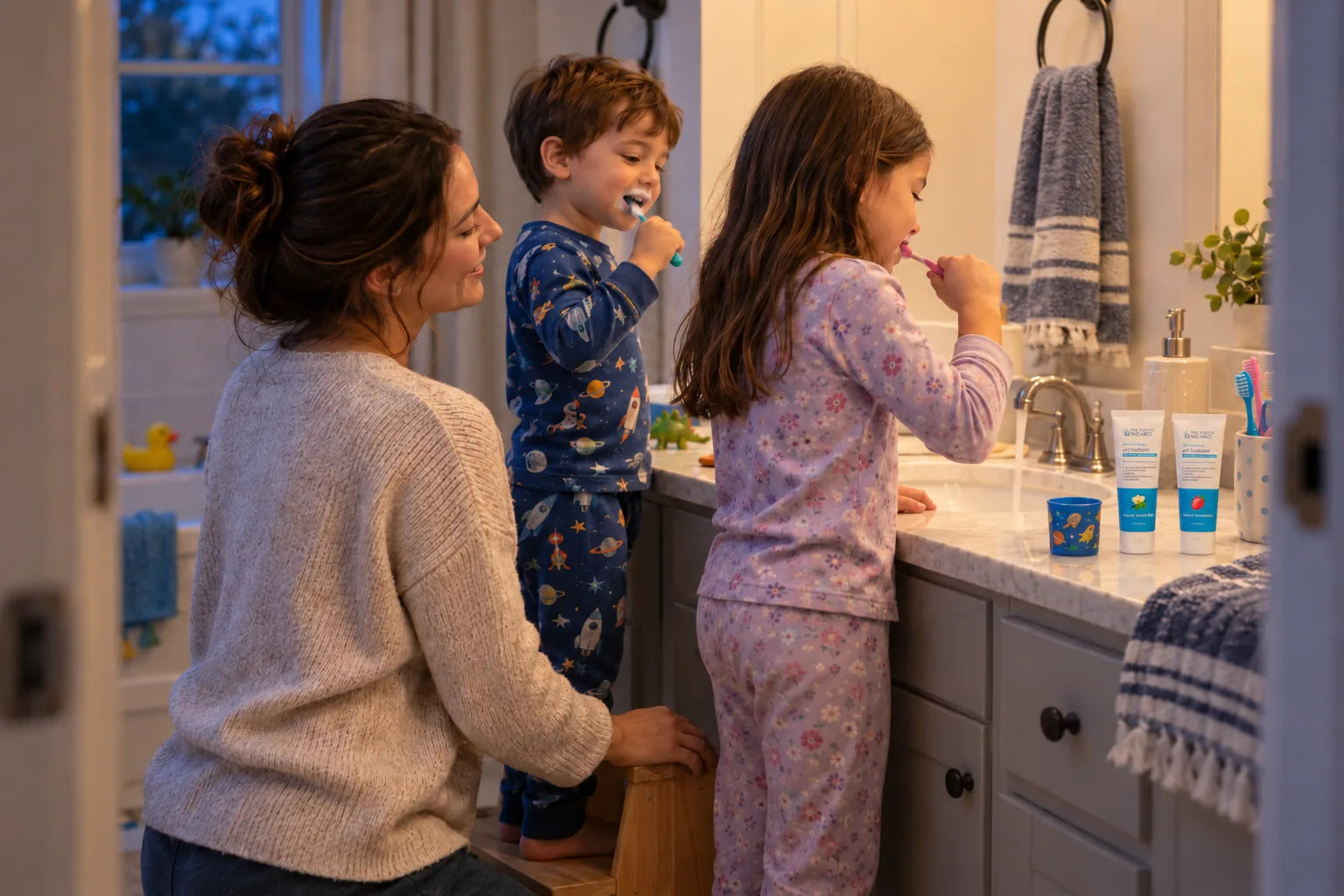 A mother kneeling beside her son and daughter as they brush their teeth at the bathroom sink in the evening