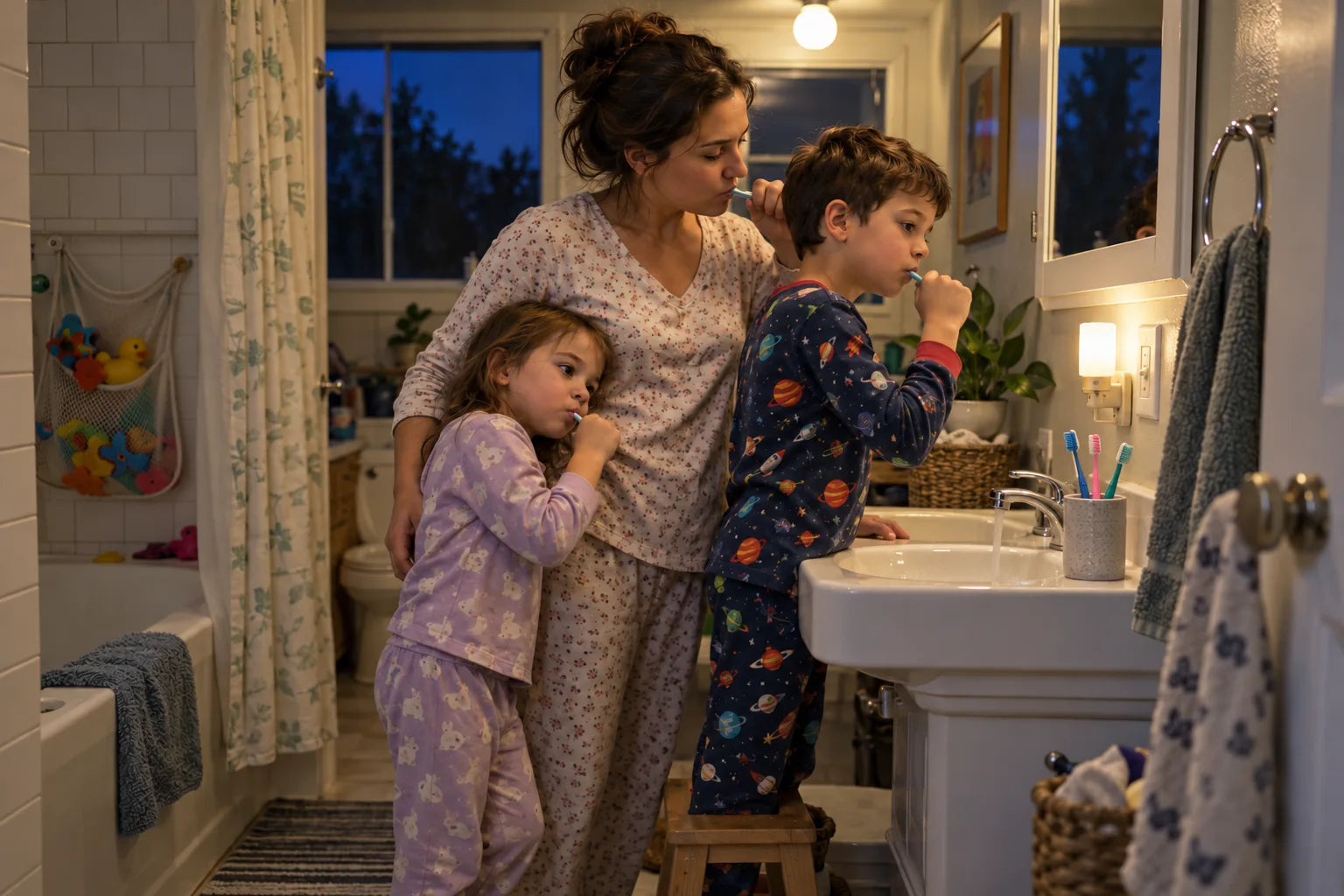 A mother and two kids brushing at the sink at bedtime