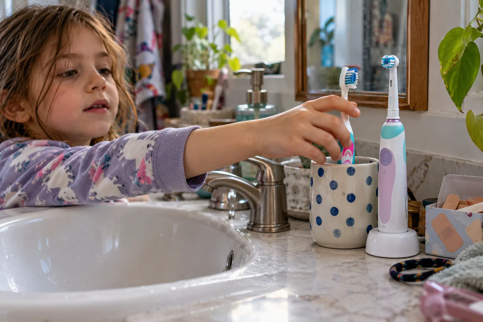 A child choosing between a manual and an electric toothbrush
