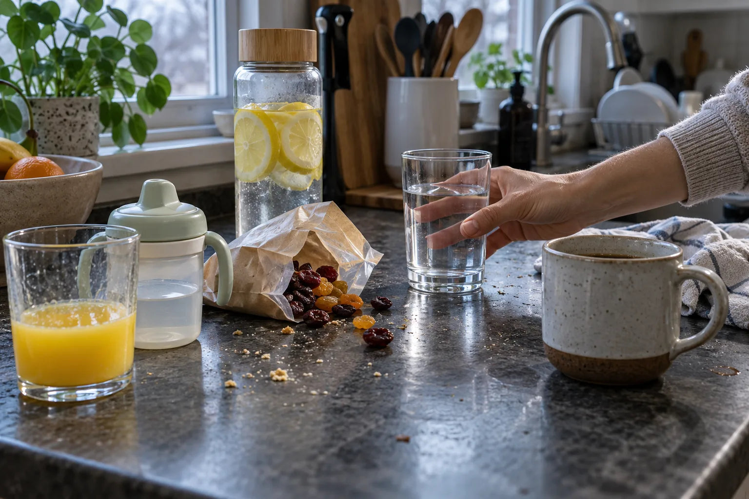 Everyday snacks and drinks on a kitchen counter