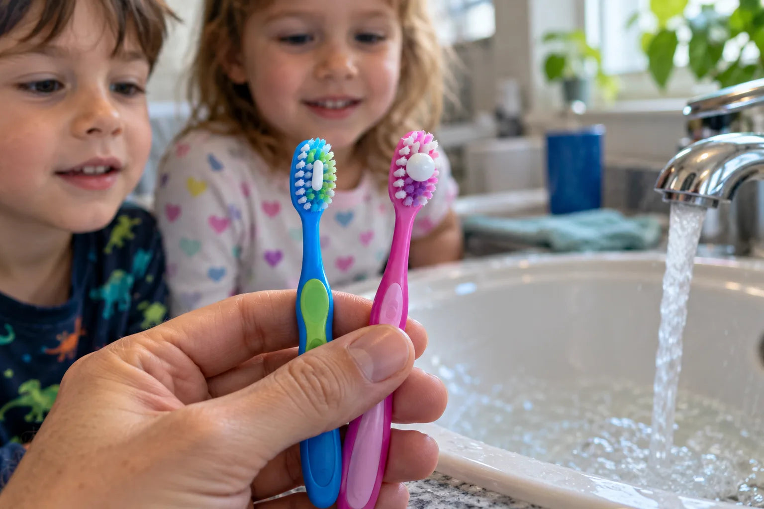 A rice-grain smear and a pea-size dot of white toothpaste on two kids' toothbrushes