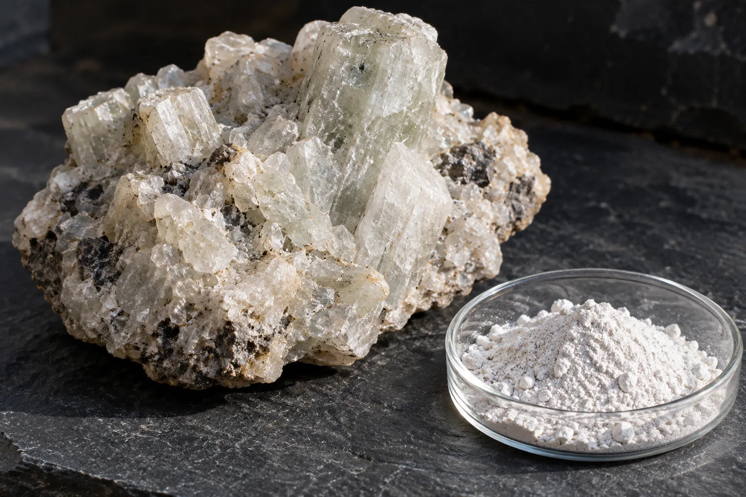 A hydroxyapatite mineral specimen on slate