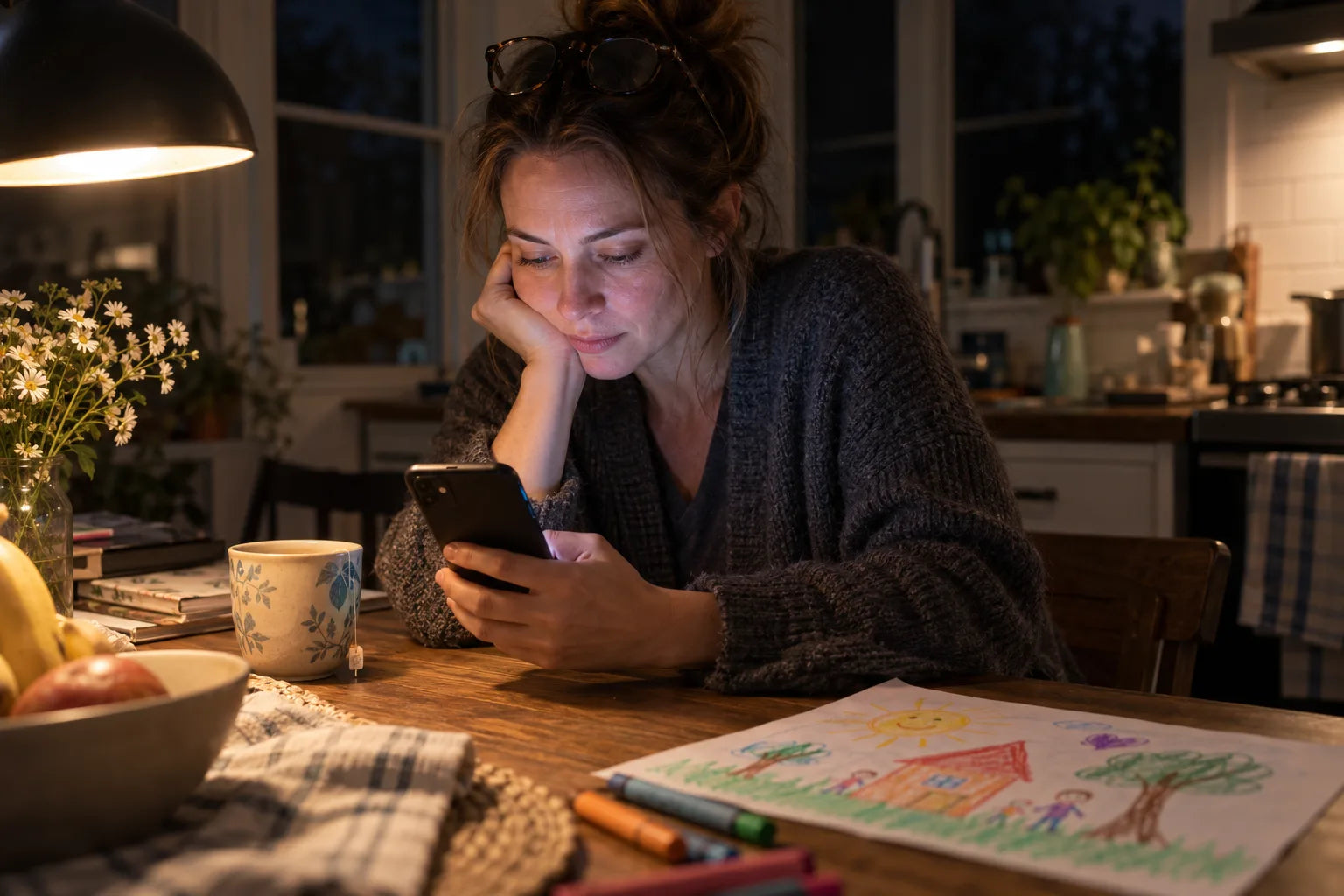 A mother reading on her phone at the kitchen table at night