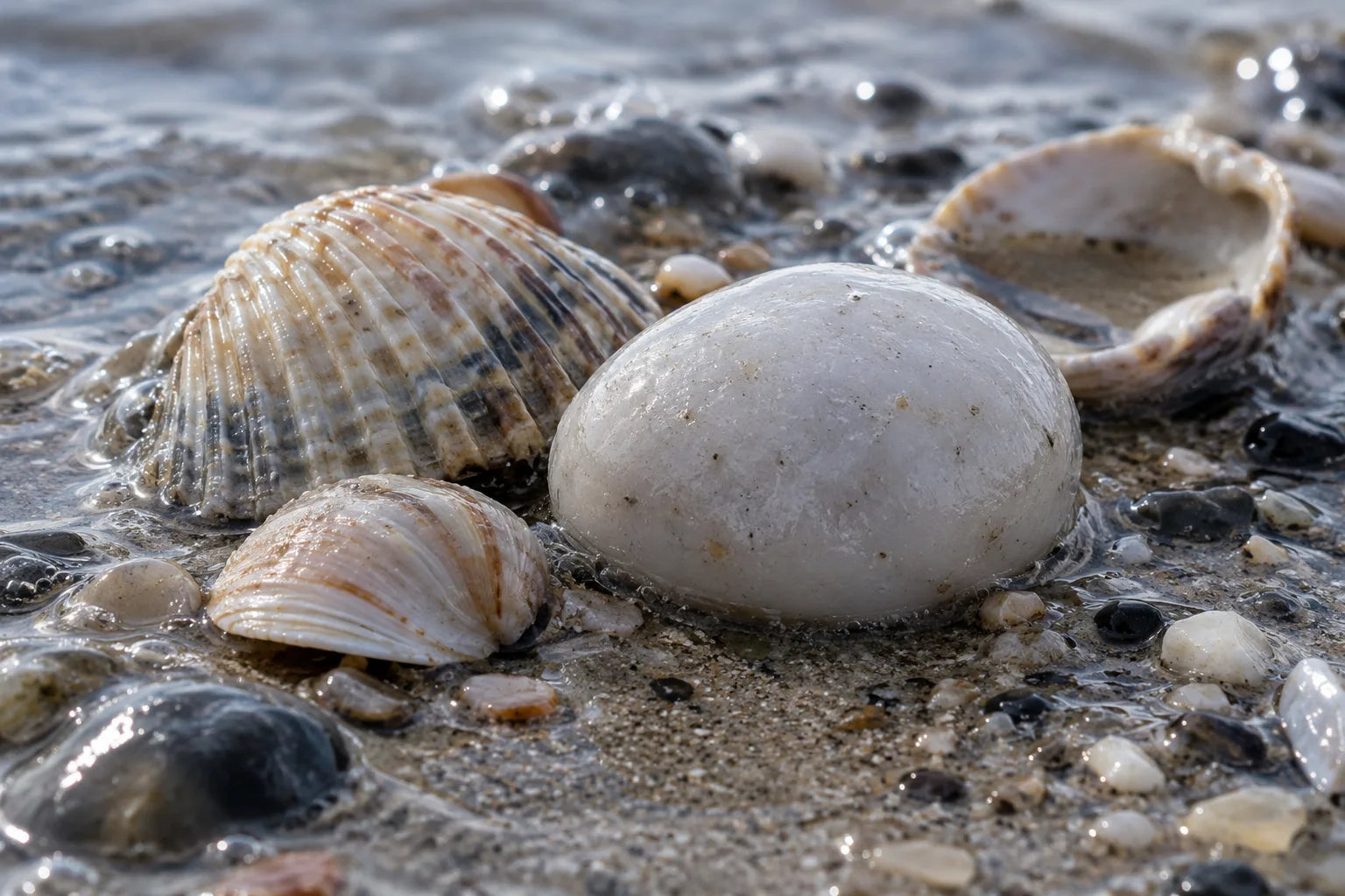 Seashells and a white pebble on wet sand