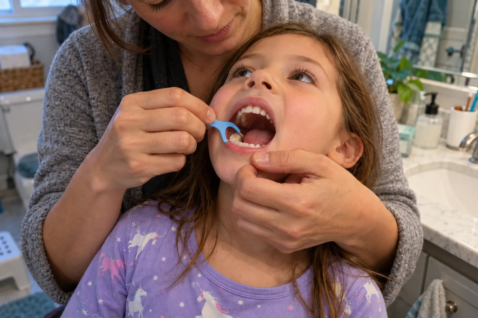 A parent flossing a child's teeth with a floss pick