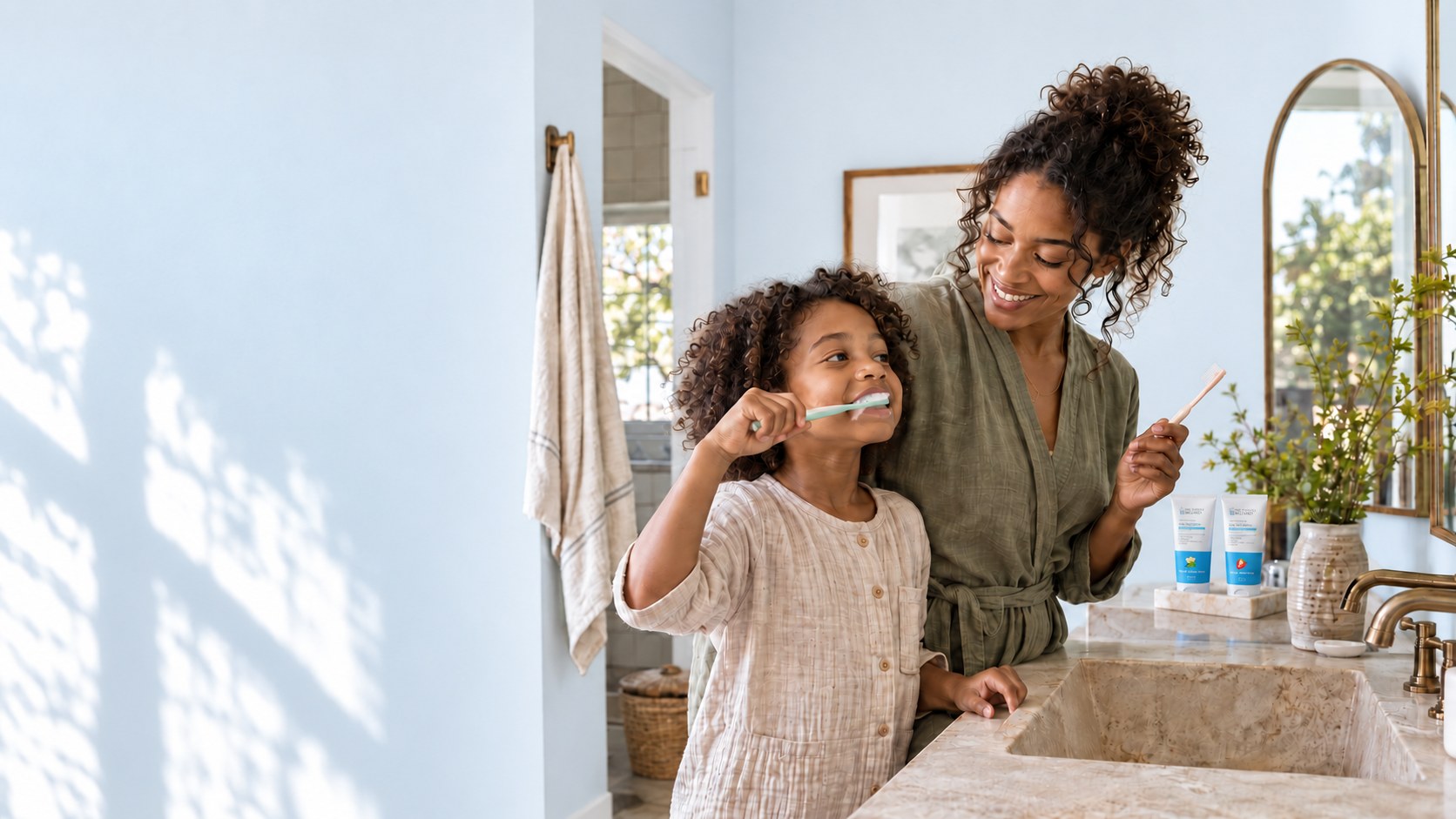 A mother and daughter brushing their teeth together at the bathroom sink, with a tube of Vanilla Mint and a tube of Strawberry on the counter