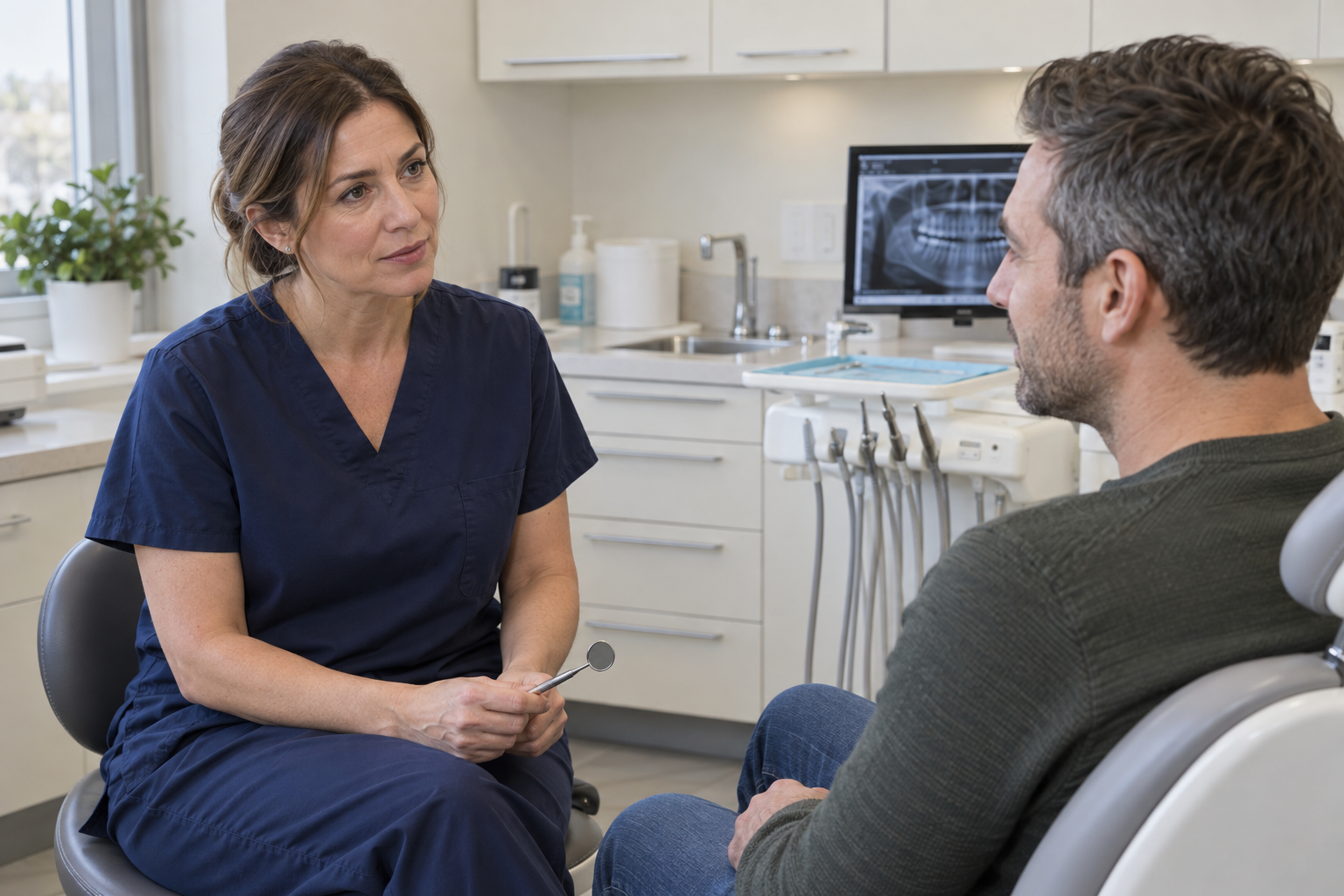A dentist discussing care with an adult patient in a professional clinic.