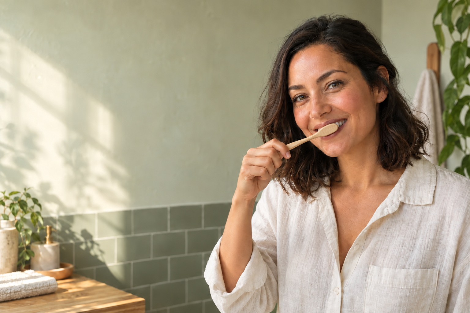 A woman smiling toward the camera as she brushes with a wooden toothbrush in a sunlit sage bathroom.