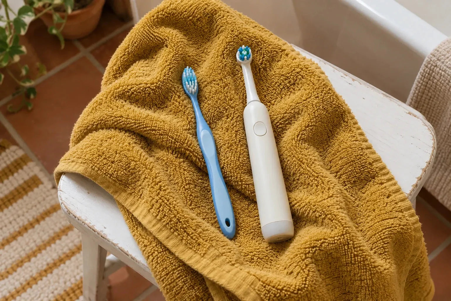 A blue toothbrush and an electric toothbrush on a mustard towel