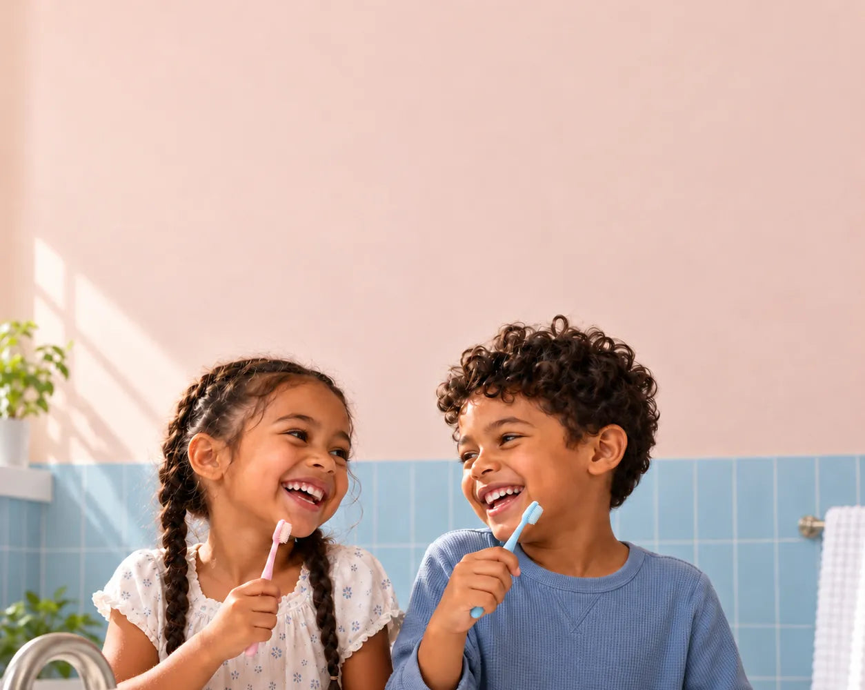 A brother and sister laughing together at the bathroom sink with their toothbrushes