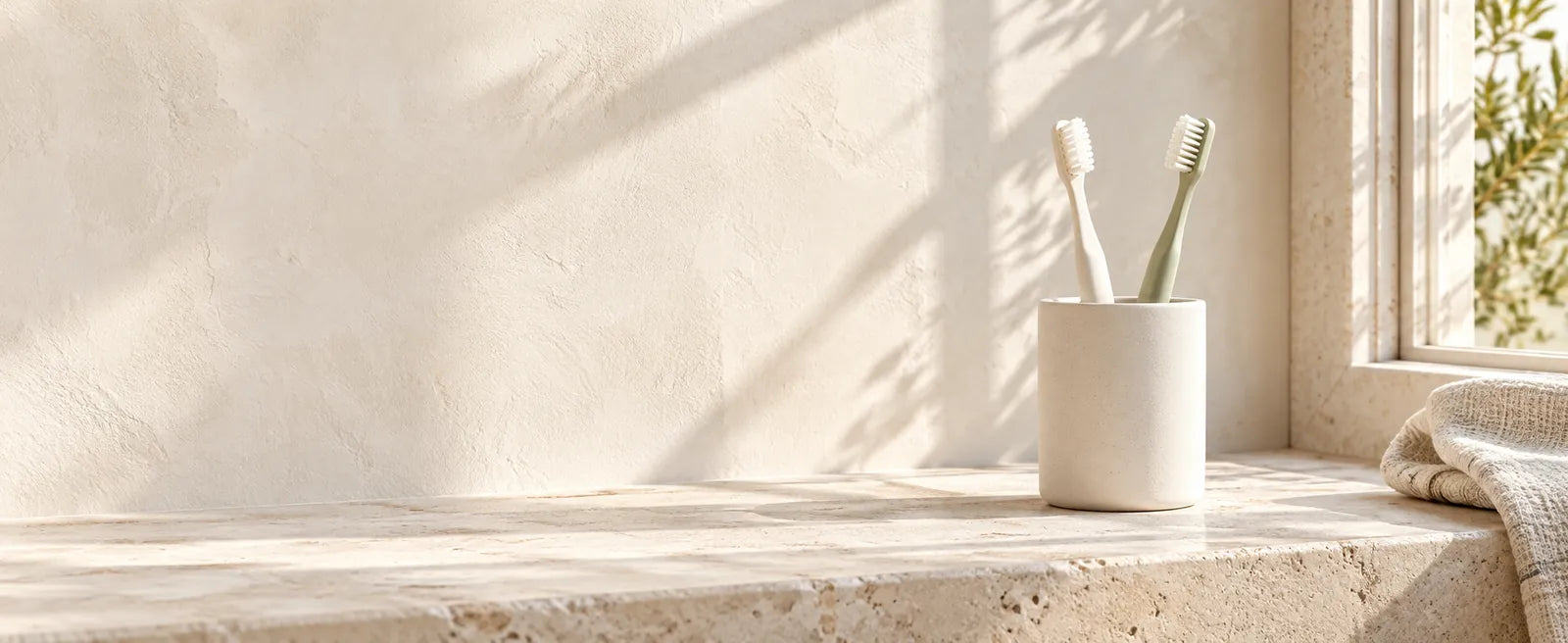 Two toothbrushes in a cup on a sunlit cream bathroom windowsill