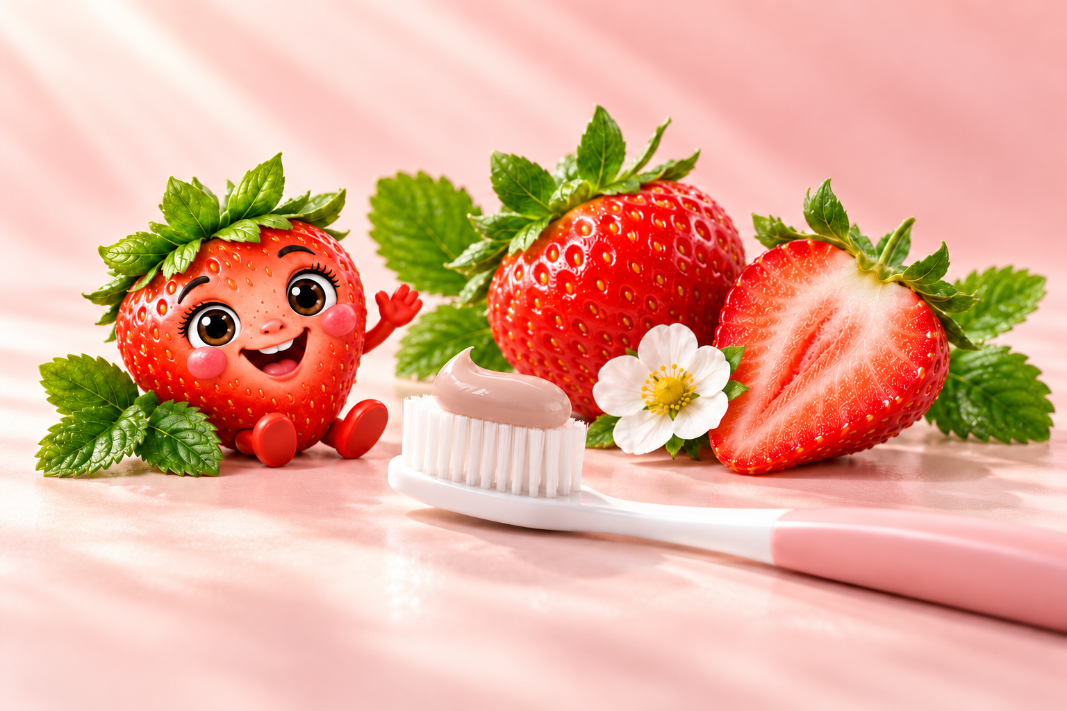 Playful strawberry character and fresh strawberries with rose-beige toothpaste on a kids toothbrush.