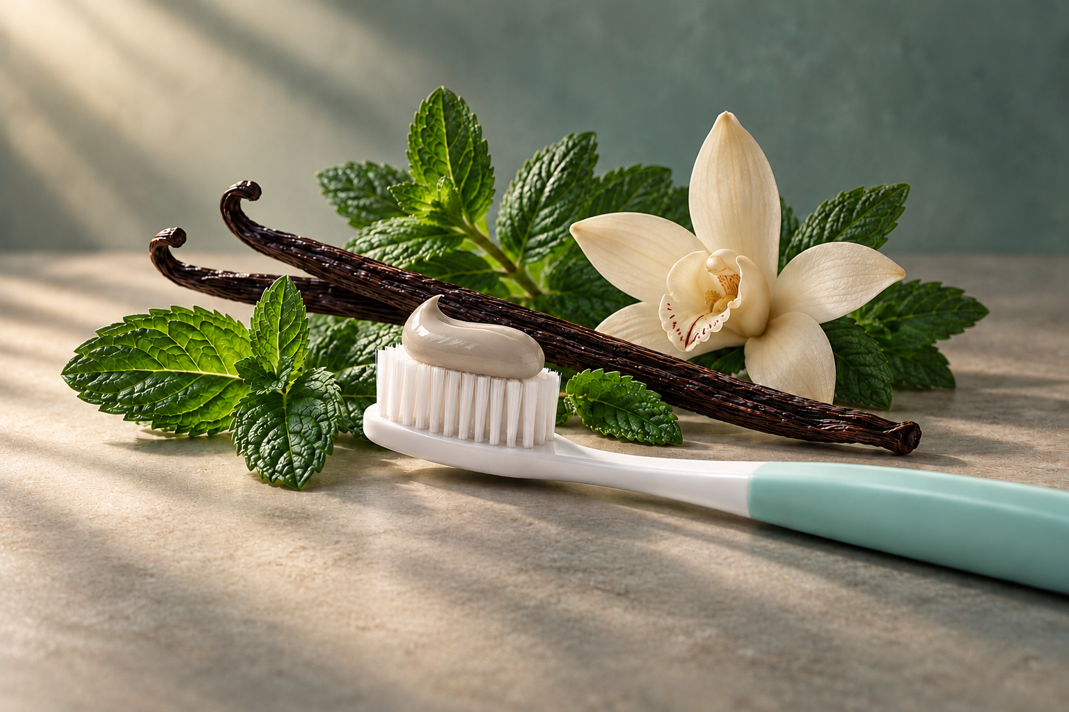 Vanilla, mint and natural toothpaste texture.